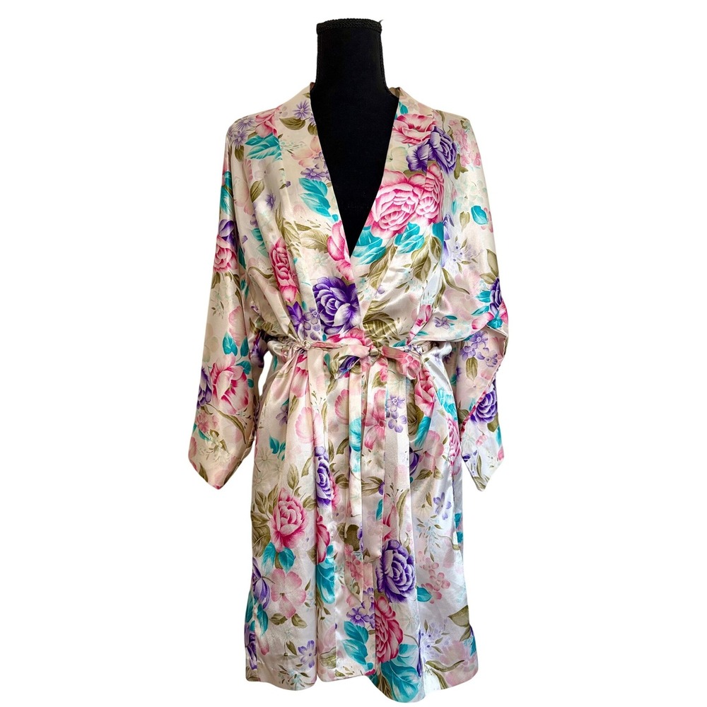Vintage 80s Adonna Floral Satin Kimono Robe Pink Purple Rose with Pocket Medium